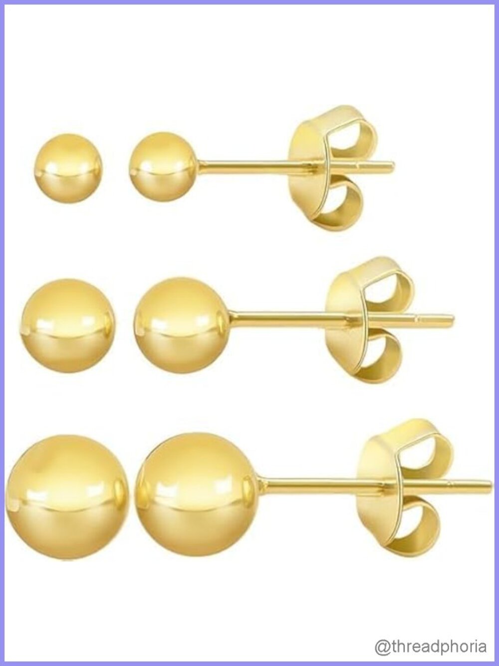 14K Gold Stud Earrings 3 Pair Set Ball Studs Butterfly Push Back
